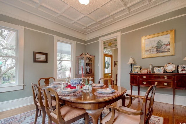 dining space featuring wood-type flooring and ornamental molding