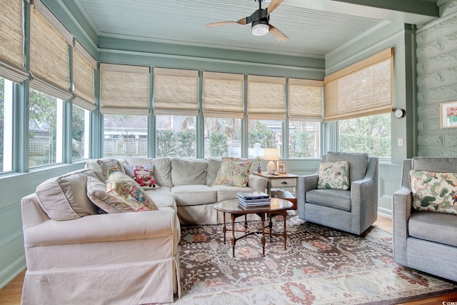 sunroom featuring plenty of natural light and ceiling fan