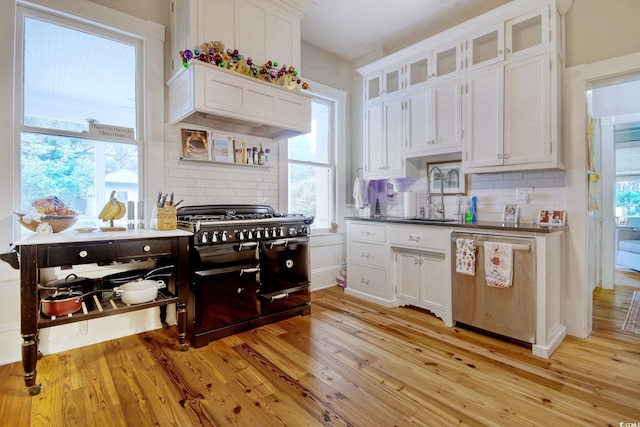 kitchen with dishwasher, double oven range, white cabinets, light hardwood / wood-style flooring, and decorative backsplash