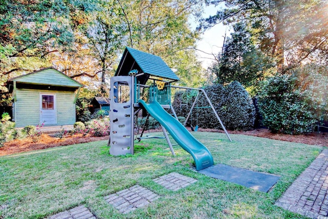 view of play area featuring a lawn