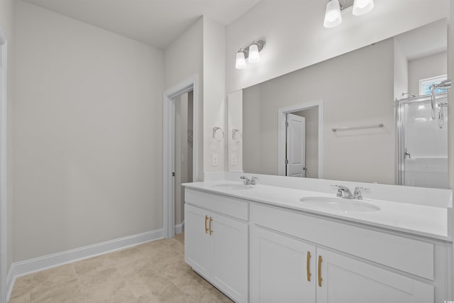 1200 NW Calabash Station Blvd, Calabash, NC 28467 - bathroom featuring a stall shower, double vanity, a sink, and baseboards