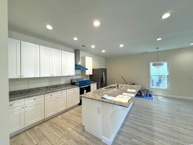 kitchen with stainless steel refrigerator with ice dispenser, white cabinetry, and black electric range oven