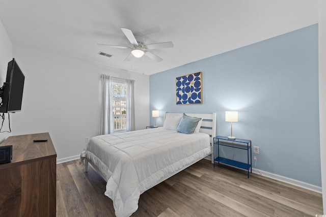 bedroom with ceiling fan and wood-type flooring