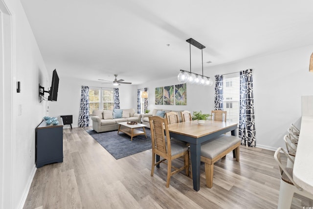 dining space with ceiling fan and light hardwood / wood-style floors