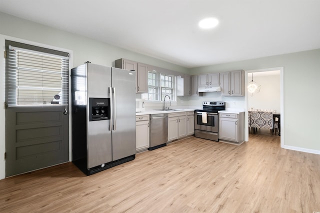 kitchen featuring gray cabinetry, sink, light wood-type flooring, and stainless steel appliances