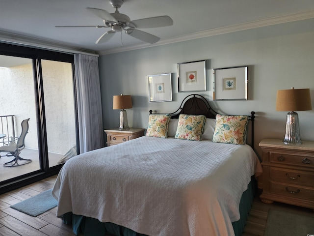 bedroom with access to exterior, light hardwood / wood-style flooring, ceiling fan, and crown molding