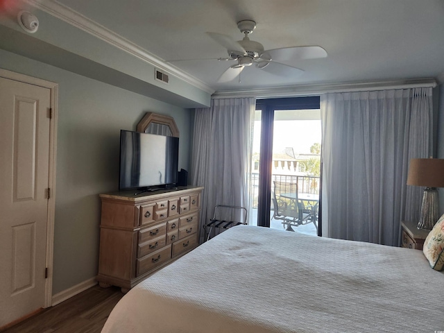 bedroom with ceiling fan, dark hardwood / wood-style floors, crown molding, and access to outside