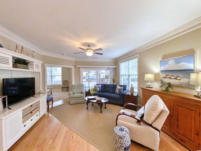 living room featuring ceiling fan, light hardwood / wood-style floors, crown molding, and a wealth of natural light