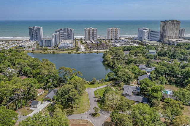 drone / aerial view with a water view