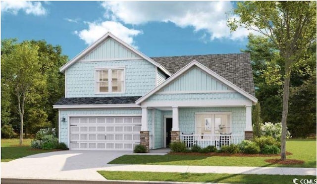 2038 Lone Cypress Dr, Myrtle Beach, SC 29579 - craftsman inspired home with a front lawn, covered porch, and a garage