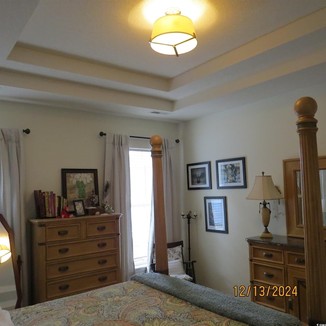 bedroom with a tray ceiling