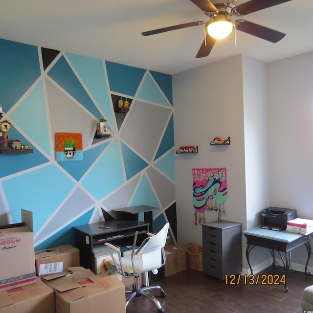 office space featuring hardwood / wood-style flooring and ceiling fan