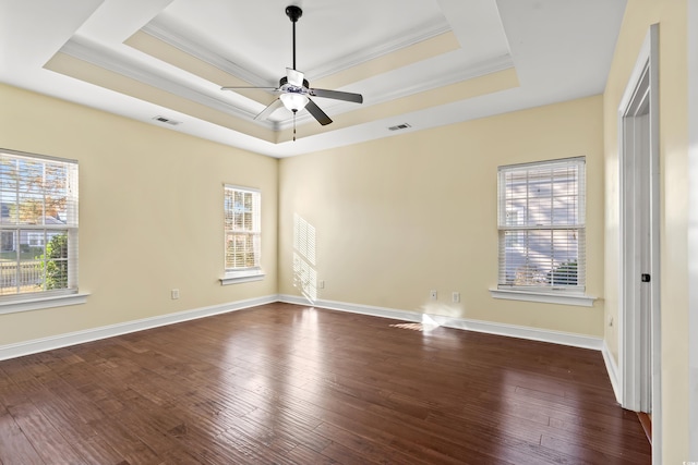 unfurnished room featuring a tray ceiling, dark hardwood / wood-style flooring, and a healthy amount of sunlight