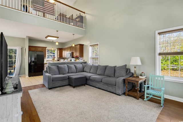 living room featuring a towering ceiling and light hardwood / wood-style flooring