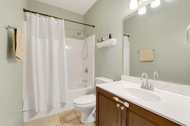 full bathroom featuring toilet, tile patterned floors, vanity, and shower / tub combo with curtain