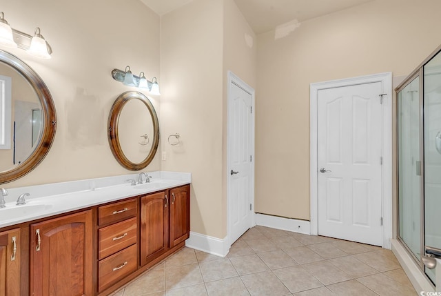 bathroom with tile patterned floors, vanity, and an enclosed shower