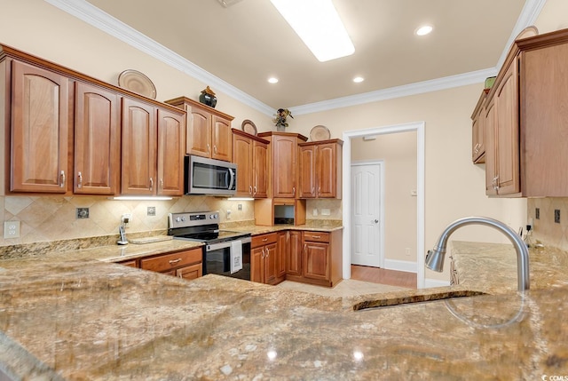 5603 Leatherleaf Dr, North Myrtle Beach, SC 29582 - kitchen with stainless steel appliances, light stone counters, crown molding, tasteful backsplash, and brown cabinets