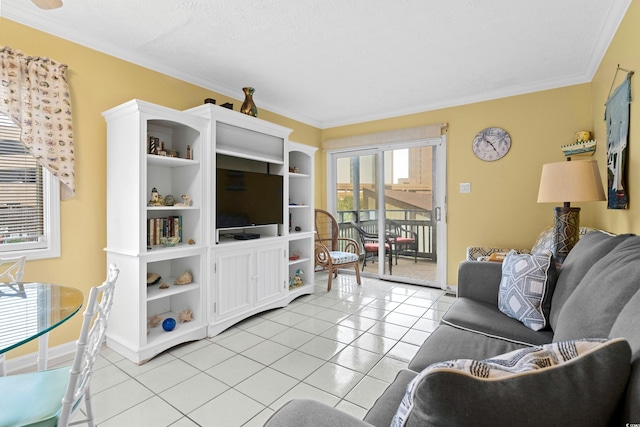 tiled living room with crown molding