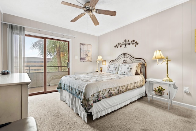 bedroom with access to exterior, carpet flooring, ceiling fan, and crown molding