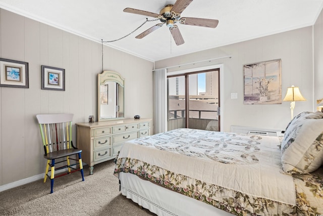 bedroom with light colored carpet, ceiling fan, and ornamental molding