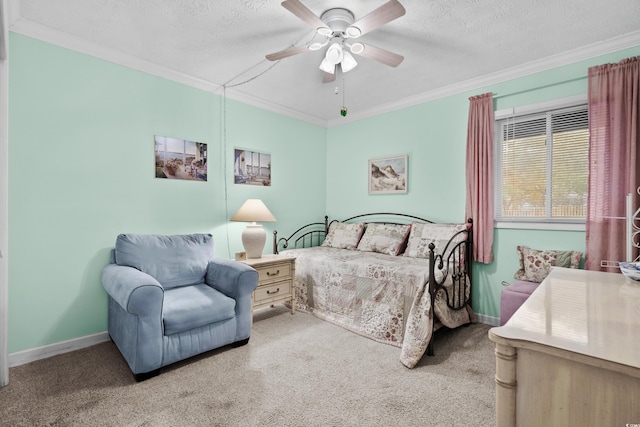 bedroom with ceiling fan, light colored carpet, and a textured ceiling