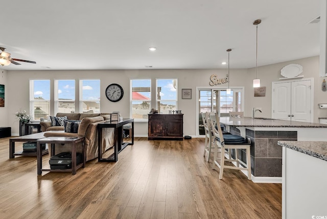 living room with ceiling fan, dark wood-type flooring, and sink