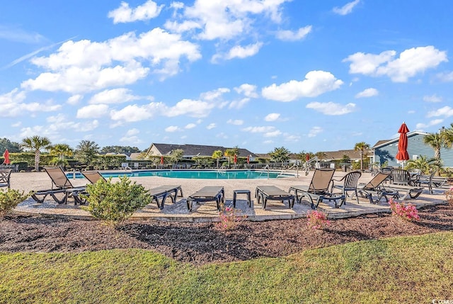 view of swimming pool featuring a patio area