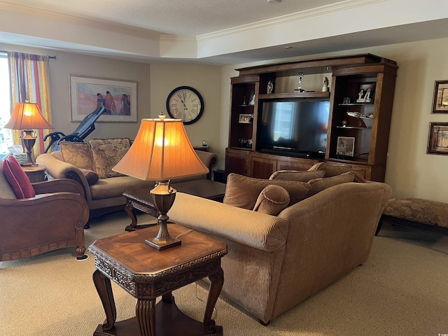 living room with a raised ceiling, crown molding, carpet, and a textured ceiling