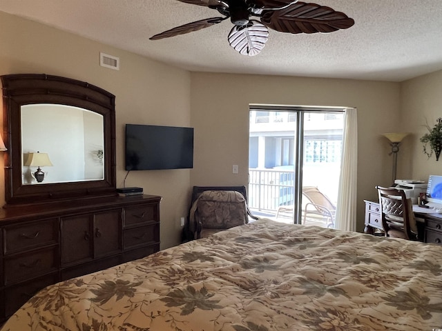 bedroom with a textured ceiling, access to outside, and ceiling fan