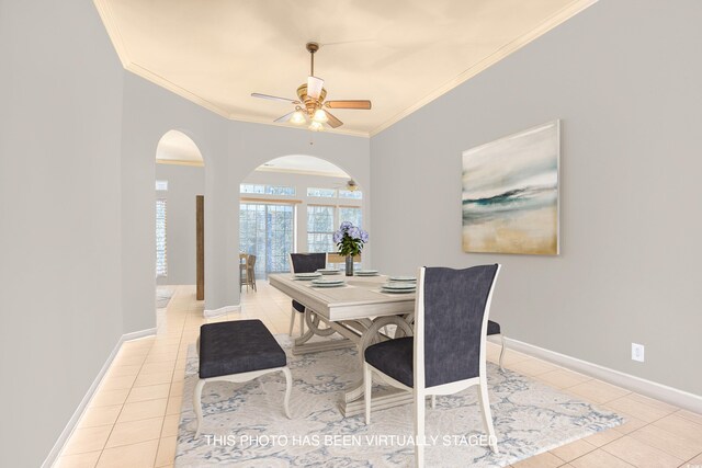 190 Sugar Loaf Ln, Murrells Inlet, SC 29576 - dining space with light tile patterned floors, crown molding, arched walkways, and ceiling fan