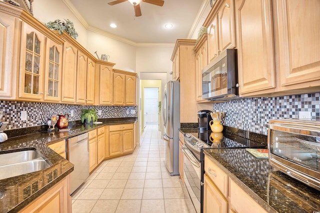 190 Sugar Loaf Ln, Murrells Inlet, SC 29576 - kitchen featuring stainless steel appliances, light brown cabinetry, ornamental molding, light tile patterned floors, and a ceiling fan