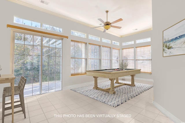 190 Sugar Loaf Ln, Murrells Inlet, SC 29576 - playroom with a ceiling fan, ornamental molding, pool table, and light tile patterned flooring