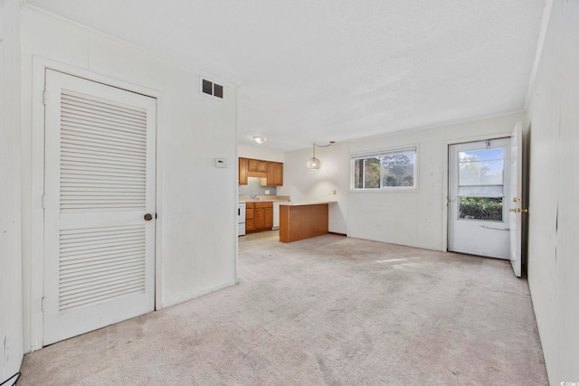 unfurnished living room featuring light colored carpet