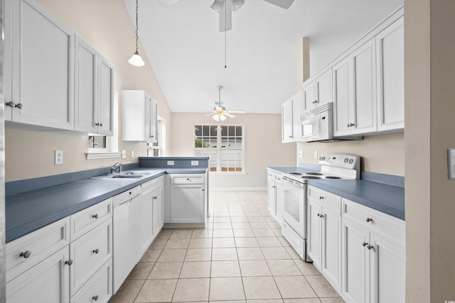 kitchen with white cabinetry, sink, ceiling fan, vaulted ceiling, and white appliances