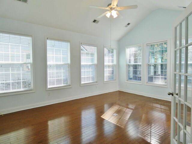 64 Summerlight Dr, Murrells Inlet, SC 29576 - empty room featuring visible vents, a ceiling fan, wood-type flooring, and vaulted ceiling