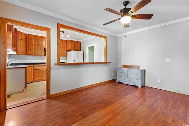 interior space with ceiling fan, sink, ornamental molding, and light wood-type flooring