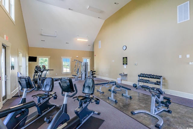 workout area with high vaulted ceiling