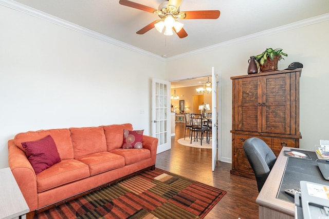 office with crown molding, dark wood-type flooring, and ceiling fan with notable chandelier