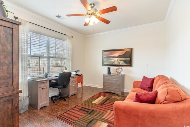 office space featuring ceiling fan, dark hardwood / wood-style flooring, and ornamental molding