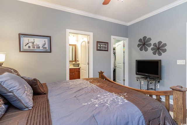 bedroom with connected bathroom, ceiling fan, and ornamental molding