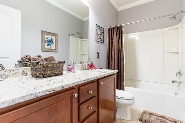 full bathroom featuring shower / bath combo, tile patterned floors, toilet, vanity, and ornamental molding