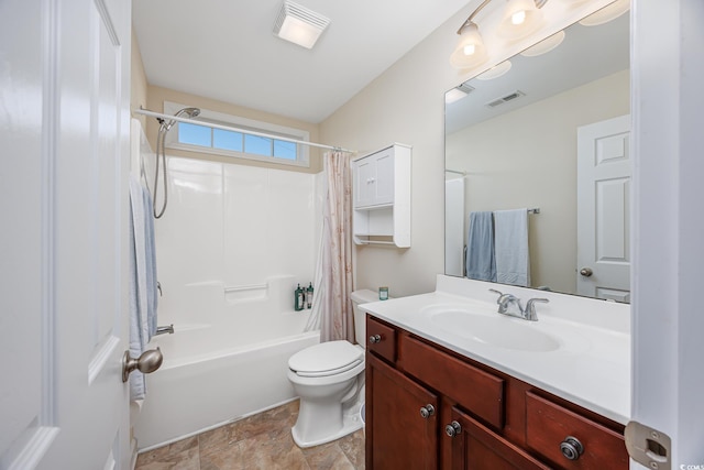 full bathroom with toilet, vanity, and shower / bath combination with curtain