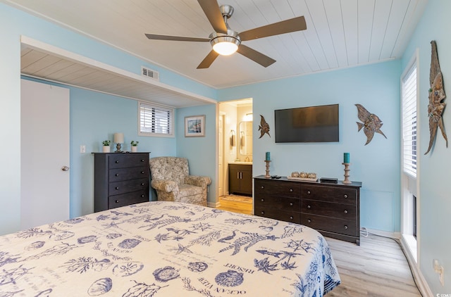 bedroom featuring ceiling fan, ensuite bathroom, light hardwood / wood-style floors, and wooden ceiling