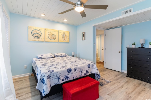 bedroom with ceiling fan and light wood-type flooring