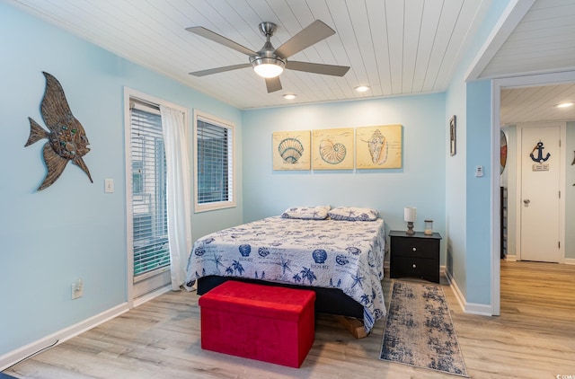 bedroom with light hardwood / wood-style floors, ceiling fan, and wood ceiling