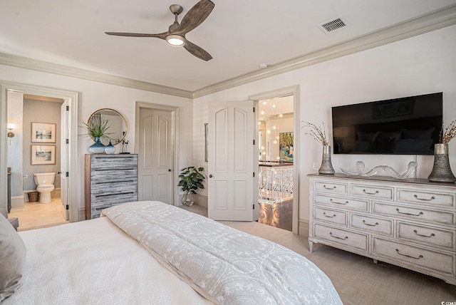 bedroom featuring connected bathroom, ceiling fan, and crown molding