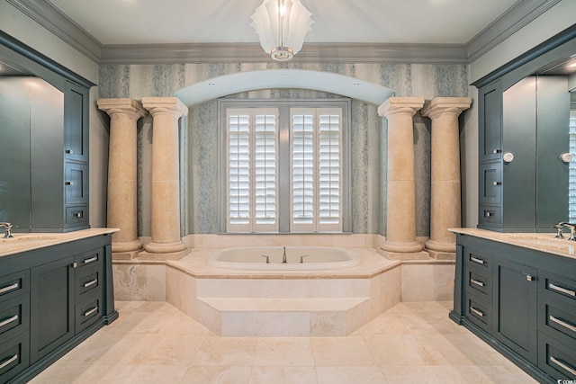 bathroom featuring vanity, decorative columns, and crown molding