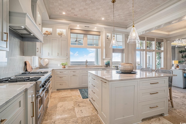 kitchen featuring premium range hood, a raised ceiling, a wealth of natural light, and double oven range