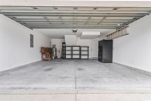 garage with water heater, black refrigerator with ice dispenser, electric panel, a garage door opener, and baseboards