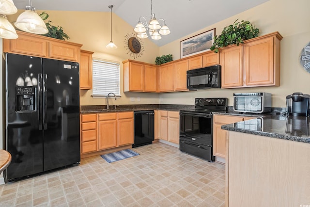 kitchen with black appliances, a chandelier, a sink, high vaulted ceiling, and dark stone countertops